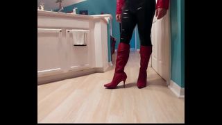 Wet look leggings, red leather jacket and boots