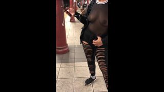 Wife in see through shirt on public transit pierced nipples showing